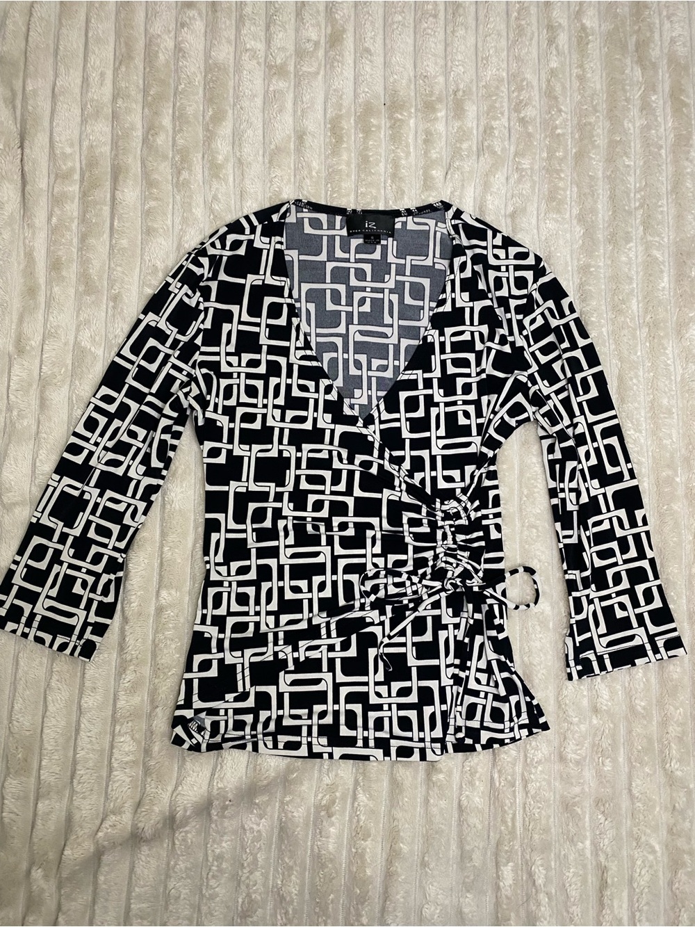 Iz Byer Black & White Geometric Faux Wrap-Style Blouse Size S